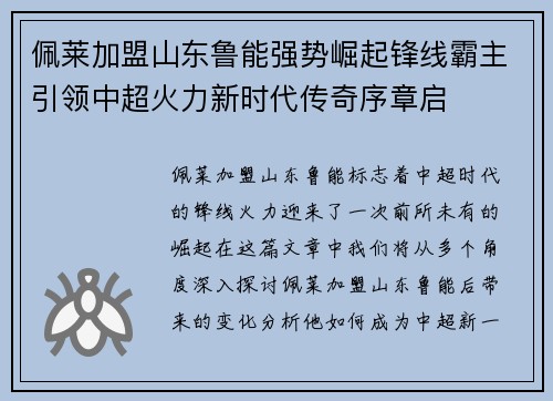 佩莱加盟山东鲁能强势崛起锋线霸主引领中超火力新时代传奇序章启
