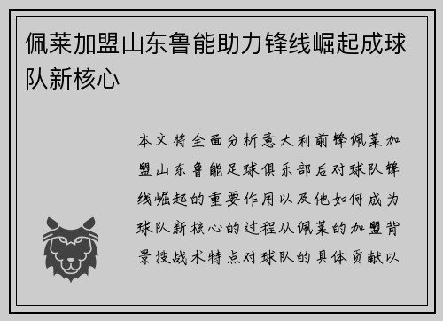 佩莱加盟山东鲁能助力锋线崛起成球队新核心